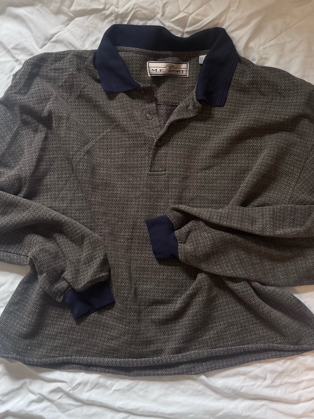 Vintage Men's Long Sleeve Polo - Olive Green with Navy Trim